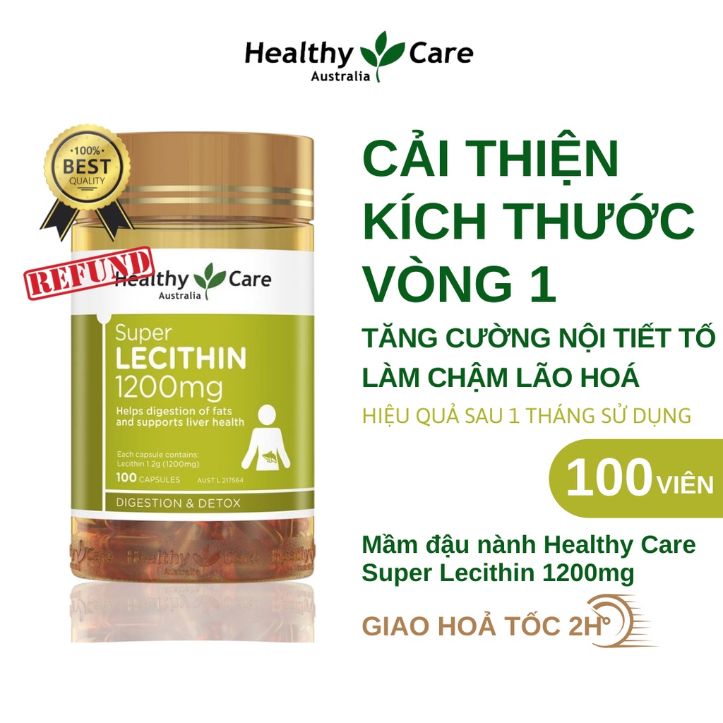 Mầm đậu nành úc healthy care tăng vòng 1 Super Lecithin 1200mg 100 viên uống đẹp da cân bằng nội tiết tố - Chính Hãng