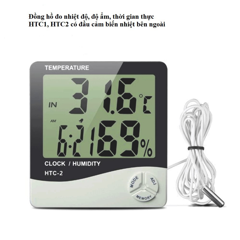 Nhiệt ẩm kế điện tử LCD HTC-1,HTC-2 đo nhiệt độ độ ẩm trong phòng kiêm đồng hồ báo thức