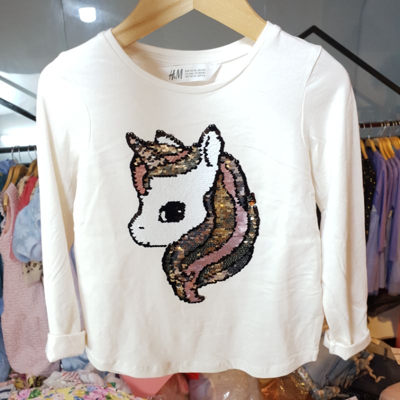Áo thun bé gái HM dài tay có in hình ngựa pony chất cotton