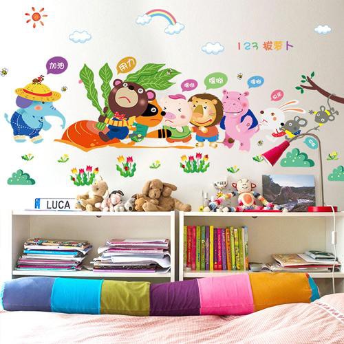 Combo 2 tranh dán tường cho bé, decal dán tường cho bé các con vật thu hoạch rau củ quả và thú qua cầu