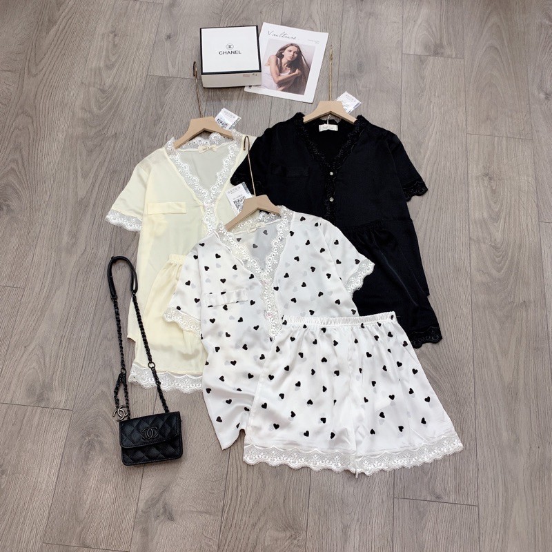 Bộ ngủ cộc tay pijama pha ren set bộ mặc nhà