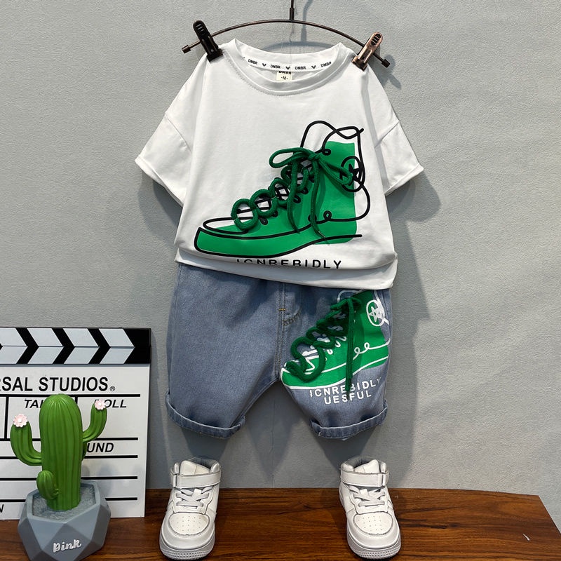 Set Áo Thun Ngắn Tay Và Quần jeans Thời Trang Cho Bé Trai 1-10 Tuổi