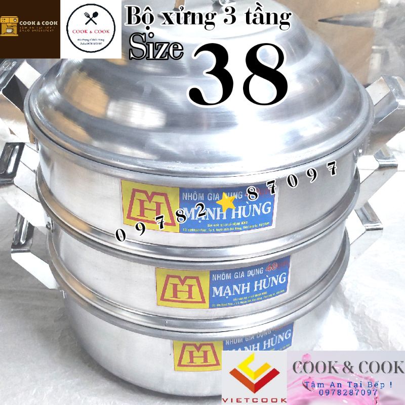 [Chính Hãng] Bộ xửng hấp 3 tầng size 38 nhôm Mạnh Hùng chuyên hấp bánh bao/ hải sản/thực phẩm