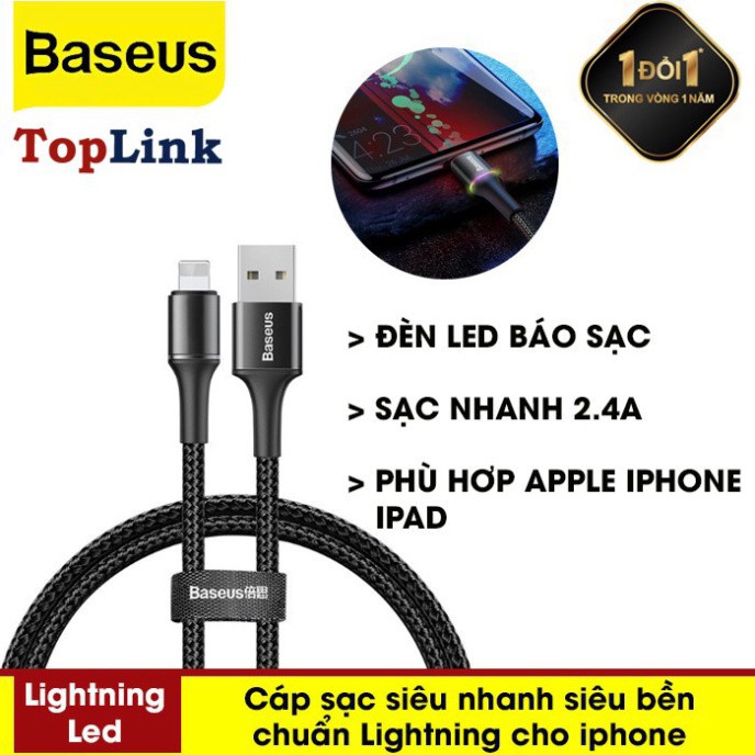 Cáp Sạc Nhanh 2.4A Baseus Halo Data Cable USB To Lightning Có Đèn LED Cho Iphone XS Max XR X 8 7 6 6S 5 5S SE Ipad