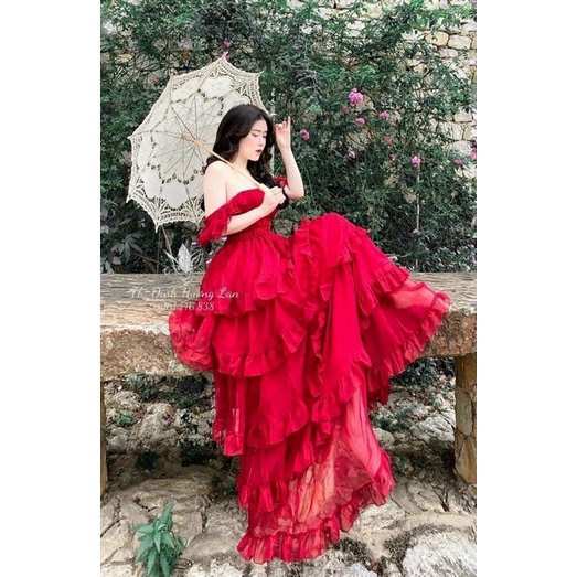 Đầm maxi đi biển bẹt vai nhún eo 3 màu