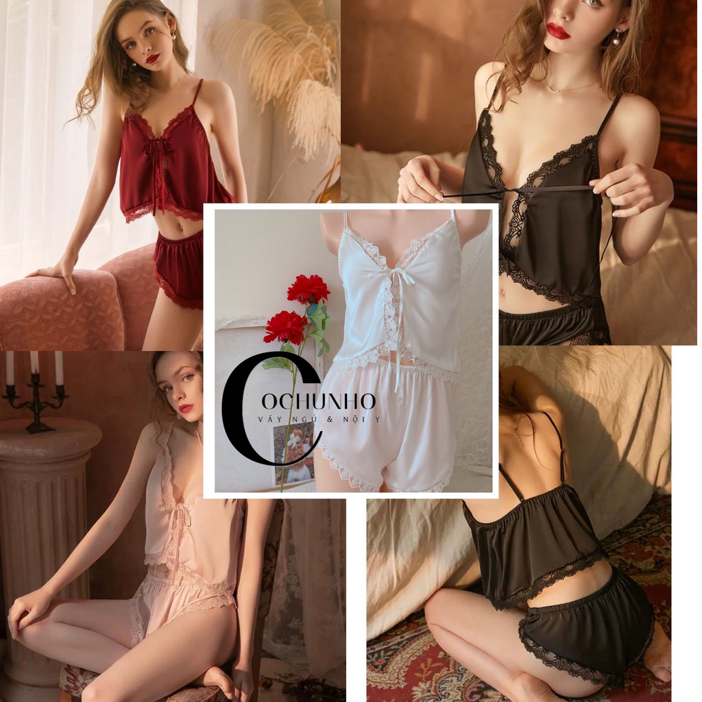LL836 -Đồ bộ ngủ lụa hai dây mặc nhà  phối ren mềm mát -cochunhoquan11
