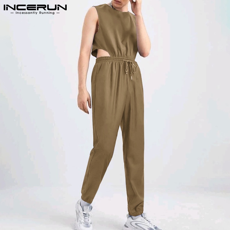 Bộ áo liền quần INCERUN không tay cổ tròn màu trơn thời trang mùa hè cho nam