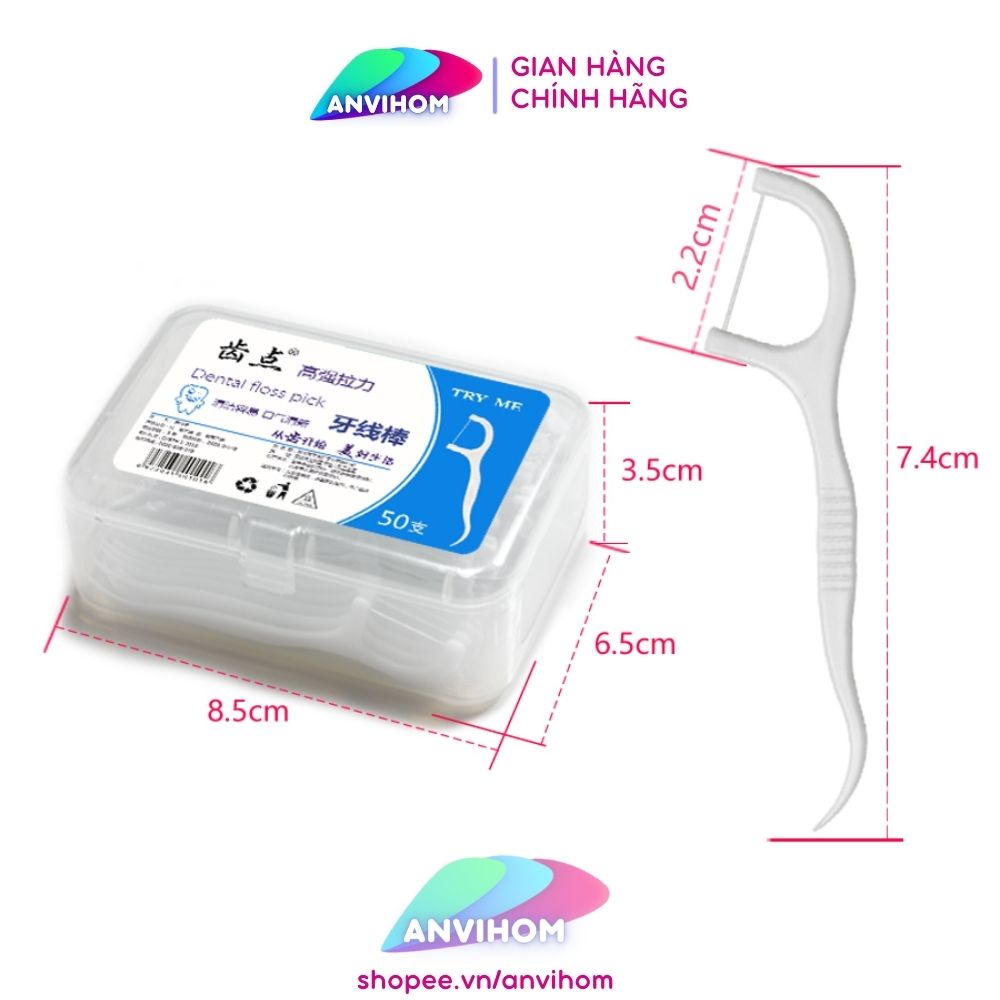Tăm Chỉ Nha Khoa Try Me Hộp 50 Chiếc Chăm Sóc Vệ Sinh Răng Miệng ANVIHOM