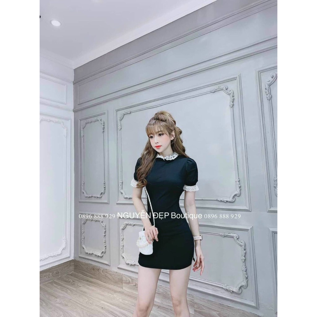 Đầm body tay và cổ viền ren dễ thương