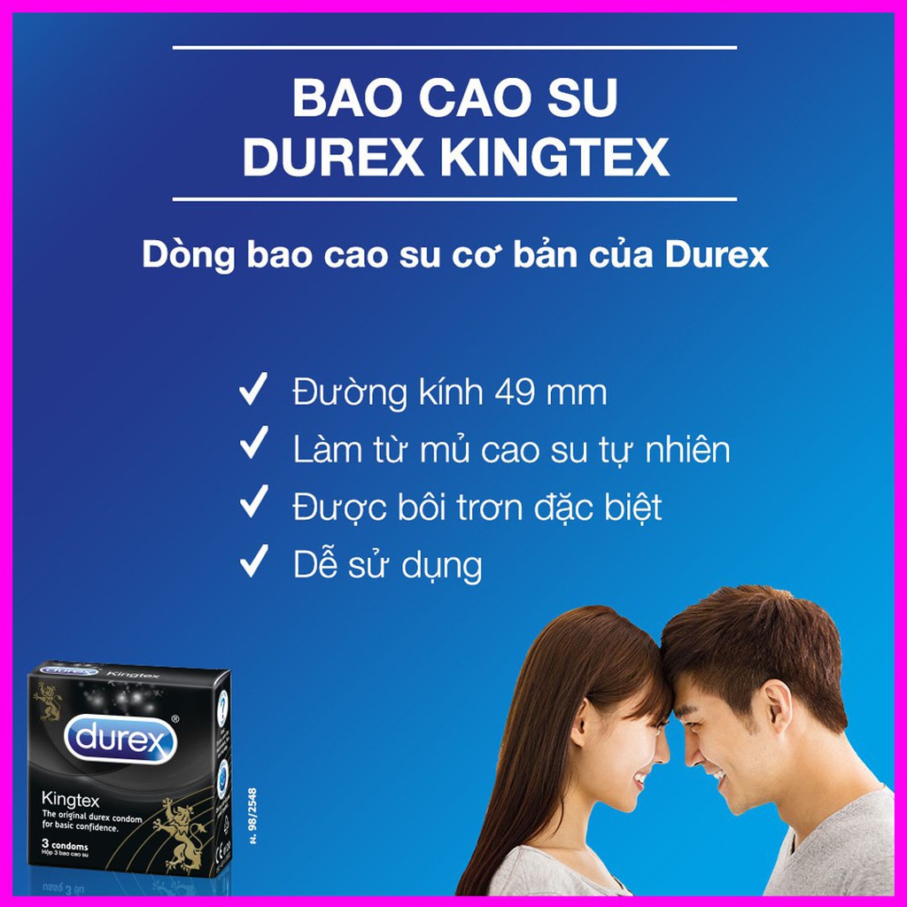 [Durex Kingtex] Bao Cao Su Durex Kingtex size 49mm Chính Hãng Giúp Ôm Sát, Tăng Khoái Cảm Cuộc Yêu [CHE TÊN 100%]