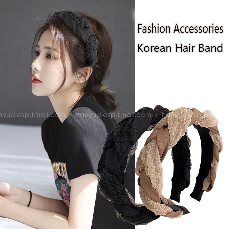 Băng Đô Cài Tóc Phối Ren Màu Đen Phong Cách Hàn Quốc Cho Nữ
