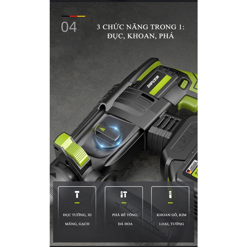 Máy Khoan Bê Tông Búa Không Chổi Than Sử Dụng Pin Lithium 10 Cell, 15 Cell – Một Sản Phẩm Của Zhipu