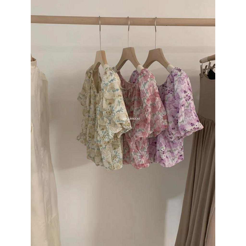 Áo Voan Hoa Trễ Vai Tay Bồng - Áo Trễ Vai Hoa Bánh Bèo Tay Bồng Thời Trang Nữ Hè