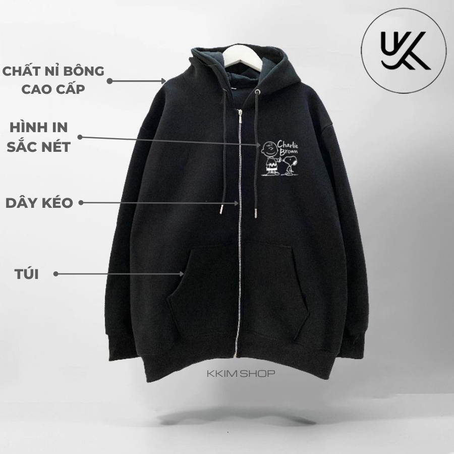 Áo Nỉ HOODIE ZIP CHÓ SNOOPY, Áo khoác hoodie dây kéo unisex nam nữ form rộng oversize, chất nỉ bông cao cấp kkimshop