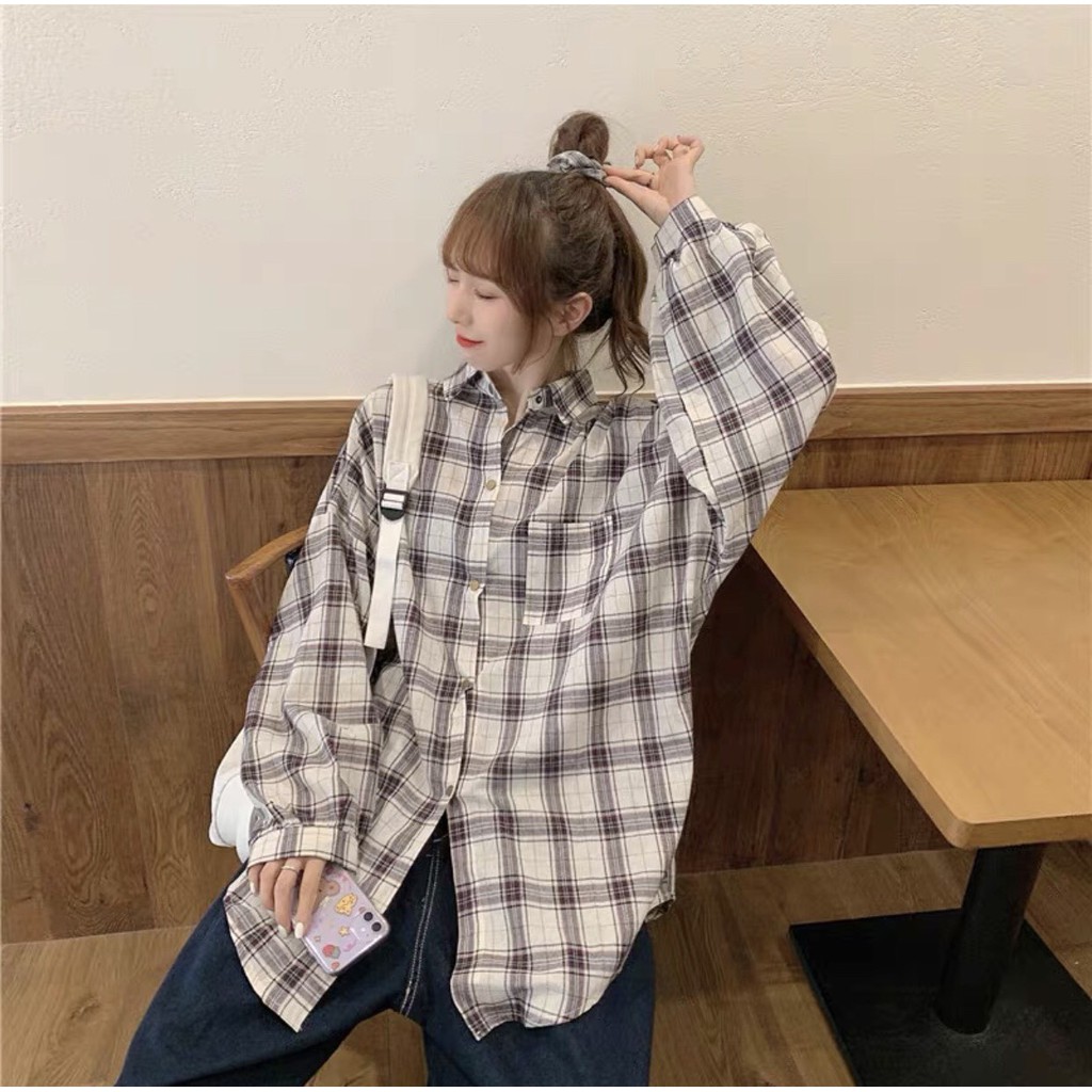 ÁO SƠ MI KẺ OVERSIZE TAY ĐÈN LỒNG NHIỀU MÀU - Áo Khoác Somi Caro dài tay phồng form rộng ulzzang