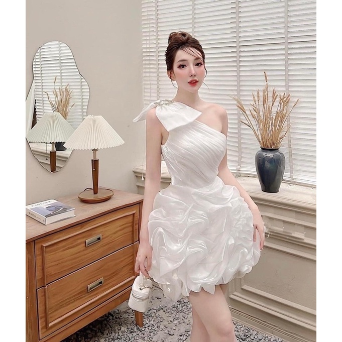 Đầm dự tiệc TRIPBLE T DRESS 1 vai nơ nhún phồng voan tơ óng ánh - size S/M/L -MS233Y