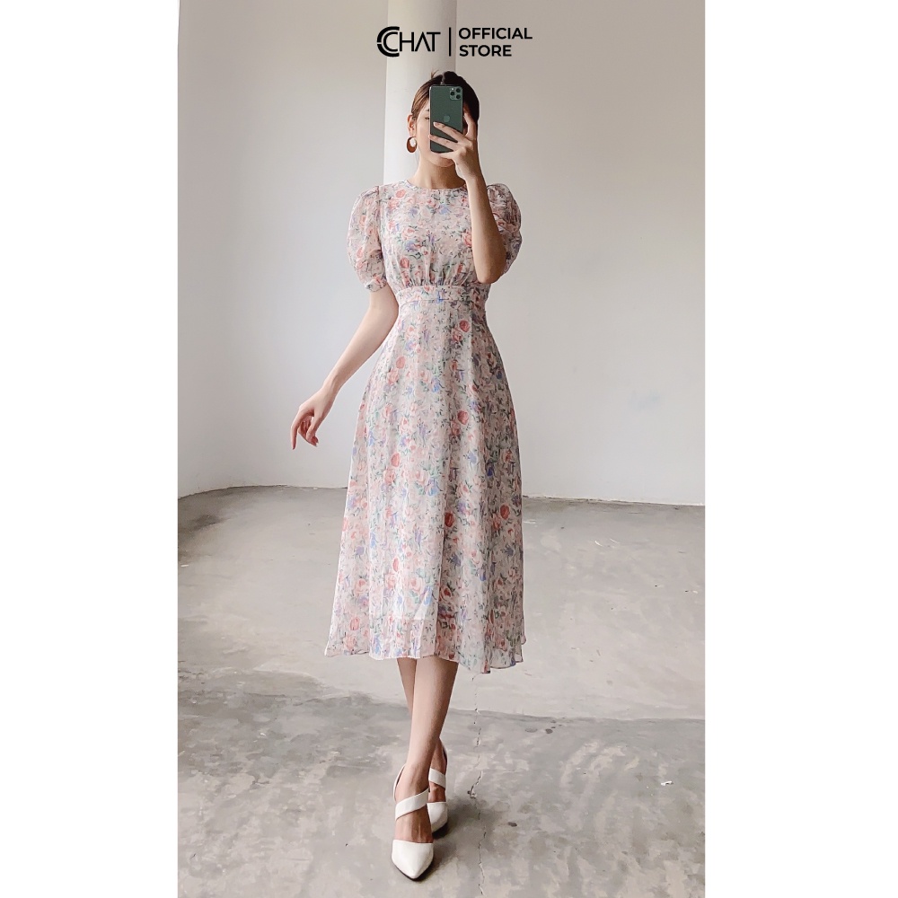 Váy nữ tay lỡ nhún cổ tròn CCHAT | BigBuy360 - bigbuy360.vn