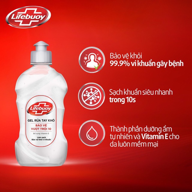 Gel rửa tay khô sạc siêu nhanh Lifebouy bảo vệ vượt trội 10 dung tích 235ml