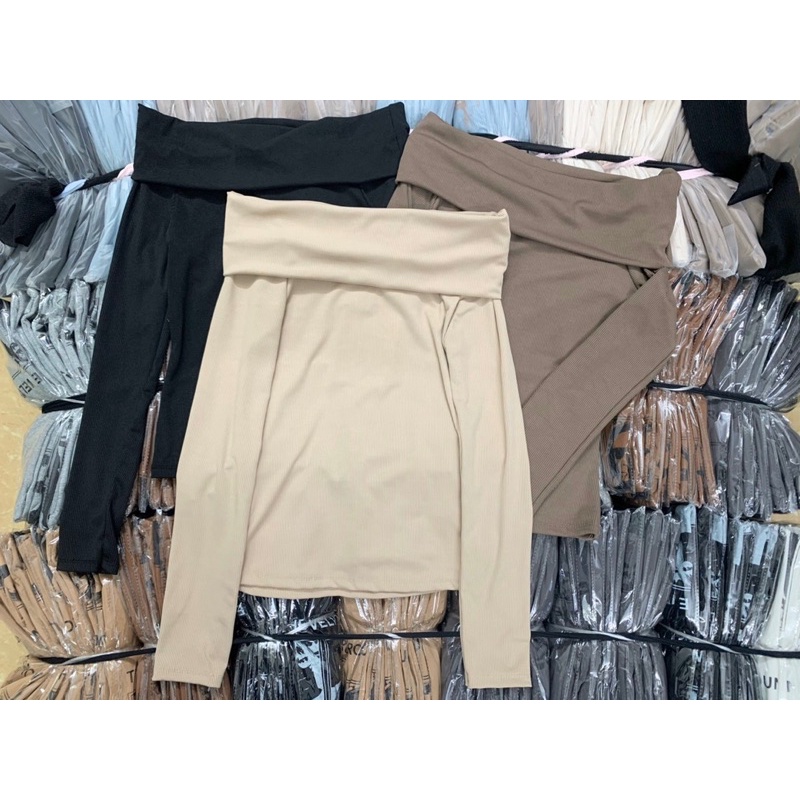 Áo trễ vai  Áo dài tay gân tăm mùa thu đông dành cho nữ PHULA style Hàn Quốc Ulzzang dành cho nữ