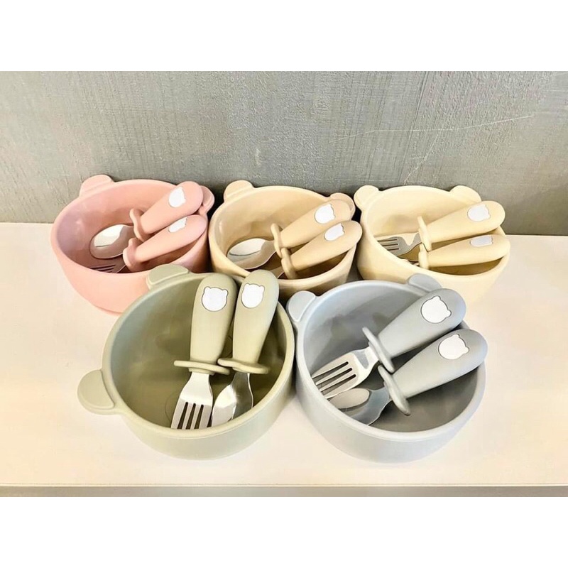 Khay silicon hình gấu, bát silicon hình gấu, bộ thìa nĩa Bar-cot