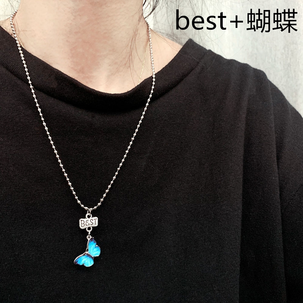 Dây chuyền unisex mặt khắc chữ Best/Friend và hình bướm màu xanh dương phong cách Hàn Quốc