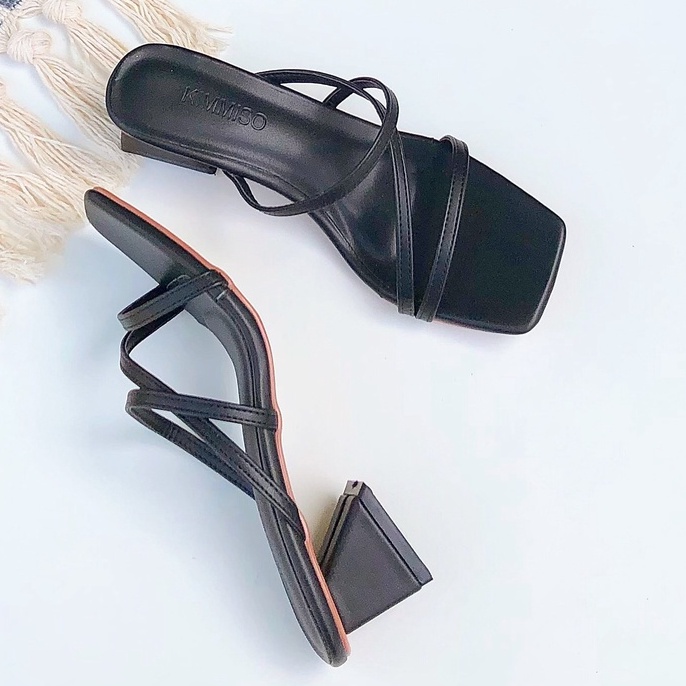 [Siêu rẻ] Dép cao gót thời trang mũi vuông quai mảnh cao 5cm màu đen _ EM074_G502