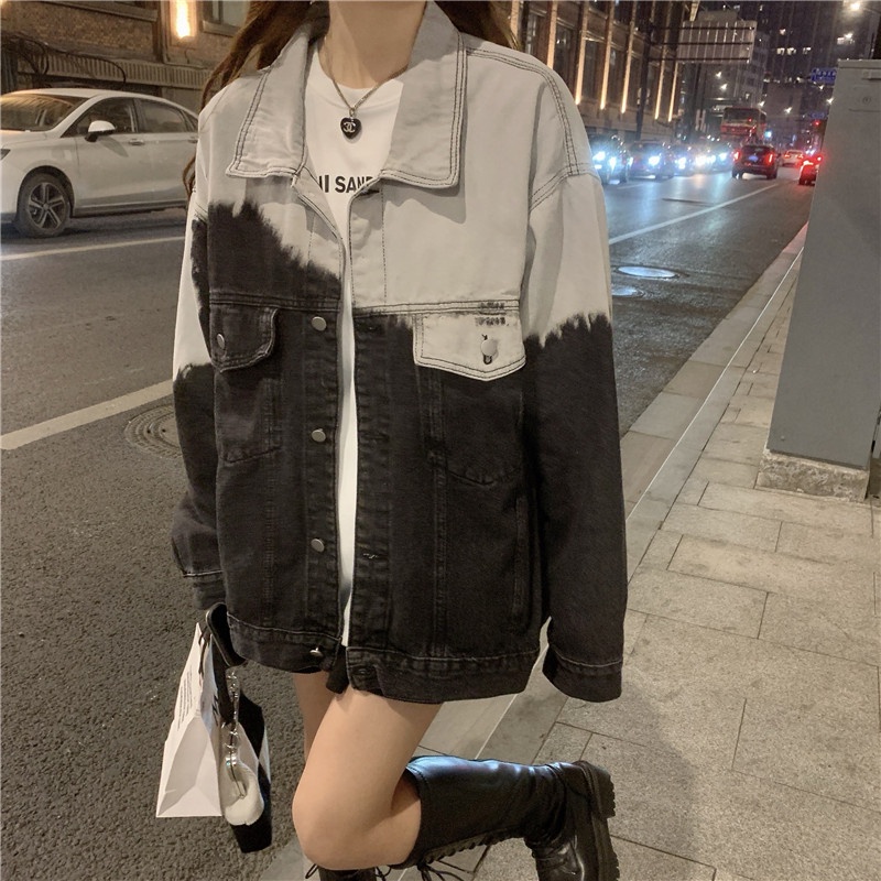 Áo khoác jean ulzzang denim nữ loang trắng đen, áo khoát jacket nữ dài tay chất denim màu loang cá tính 2713