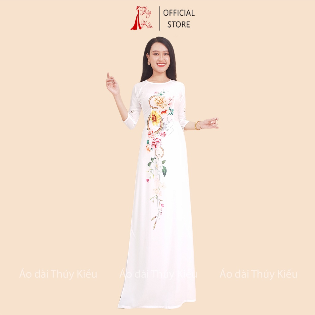 Áo dài truyền thống thiết kế may sẵn cách tân nữ nền trắng hoa eo tròn K141 Thúy Kiều mềm mại co giãn áo dài giá rẻ