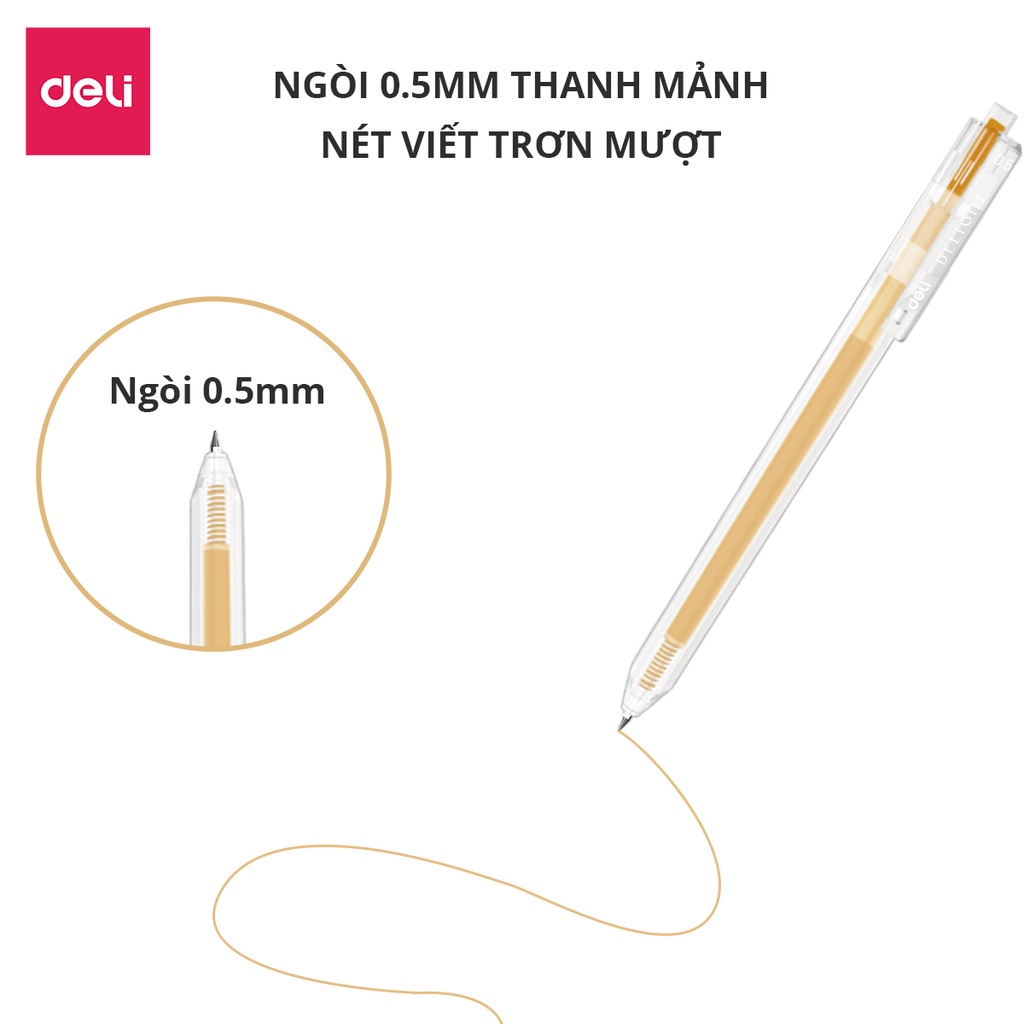 Bút Bi Nước Mực Gel Bấm Nhiều Màu Nhanh Khô 0.5mm Deli - Viết Bi Học Sinh Văn Phòng Mực Đều Lâu Hết Mực Chất Lượng Cao