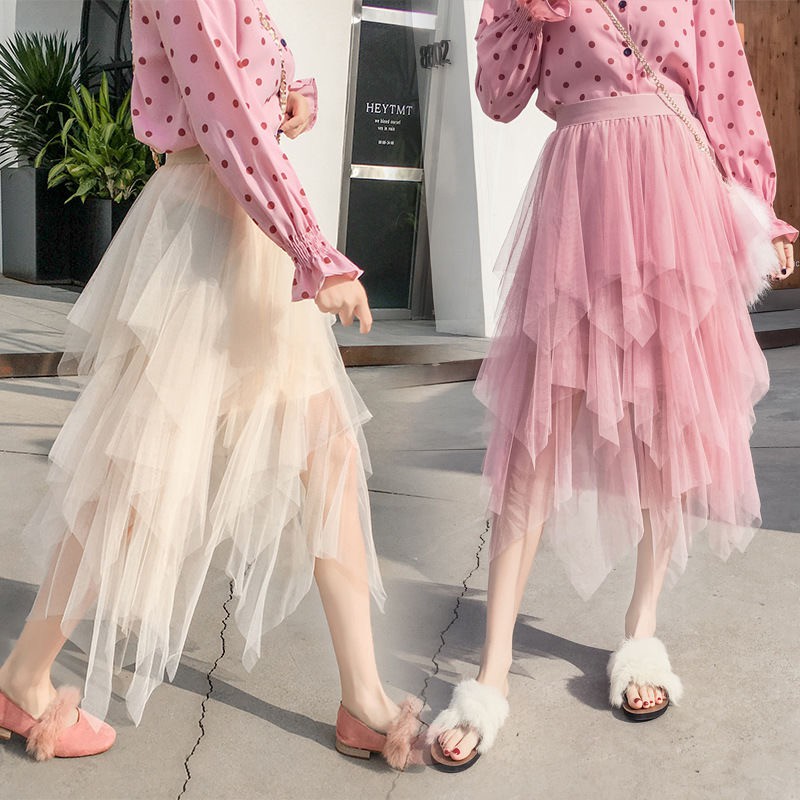 ✨ 78CM Váy xếp ly lưới ✨Chân Váy Lưới Xếp Ly Thiết Kế Bất Đối Xứng Nữ Tính