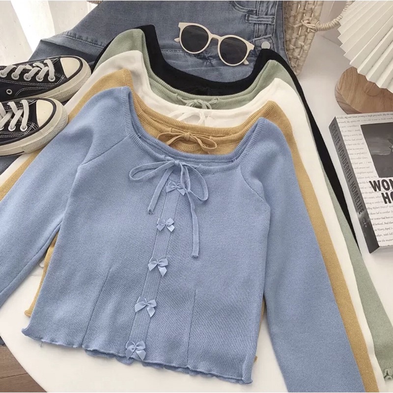 Áo len nữ dài tay Julina đính nơ điệu đà phong cách Hàn Quốc áo len thu đông dáng ngắn cổ vuông trẻ trung điệu đà | BigBuy360 - bigbuy360.vn