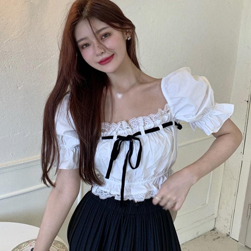 Áo Sơ Mi Ngắn Tay Với Thiết Kế Phối Ren Xinh Xắn Theo Phong Cách Hàn Quốc | BigBuy360 - bigbuy360.vn