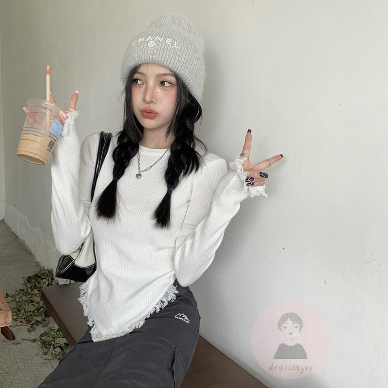 Áo Thun Nữ Dài Tay Cổ Tròn Tua Rua Lệch Tà Thời Trang