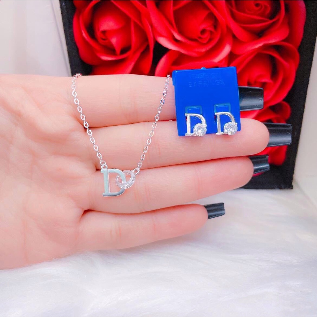 Set Trang Sức Bạc Cả Bộ Dây Chuyền Khuyên Tai Bạc Ta CaoBac Silver Chữ D Đính Đá Ổ Đá Sang Trọng, Thanh Lịch Cho Nữ