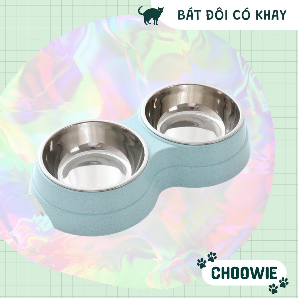 Bát ăn đôi có khay inox rời CAO CẤP dành cho thú cưng | Phụ kiện chó mèo