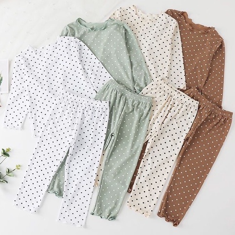 Bộ Đồ Ngủ  Cổ Bèo In Họa Tiết Chấm Bi Xinh Xắn Cho Bé Gái 0-8 Tuổi