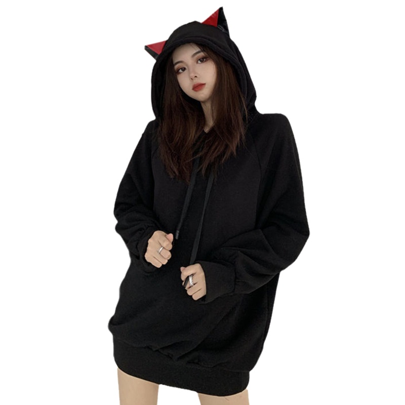 Áo Hoodie Tay Dài Dáng Rộng Phối Dây Rút Đính Tai Mèo Phong Cách Gothic Dễ Thương Cho Nữ