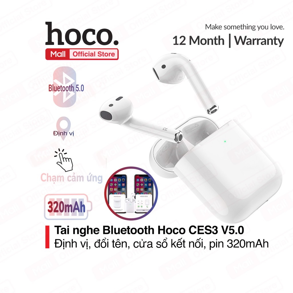 Tai nghe Bluetooth TWS Hoco C.E.S.3 V5.0, định vị, đổi tên thiết bị, chạm cảm ứng, cửa sổ kết nối, pin 320mAh