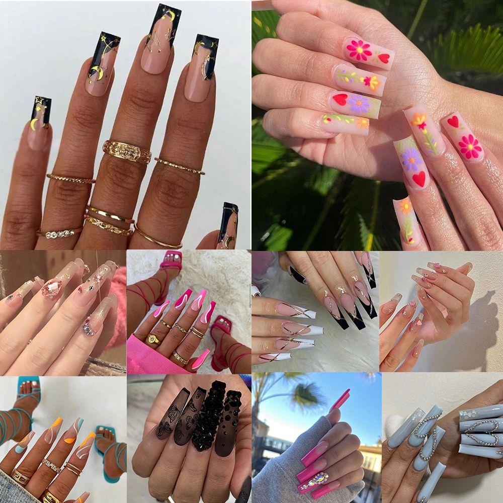 MELODG Hộp 24 Móng Tay Giả Múa Ba Lê Che Phủ Toàn Diện Đính Đá Giả Kim Cương