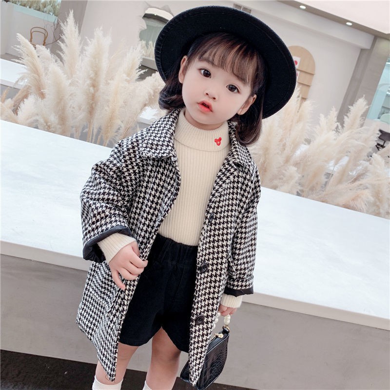 Áo Khoác Len Dày Thời Trang Thu Đông Phong Cách Hàn Quốc Cho Bé Gái Họa Tiết Houndstooth