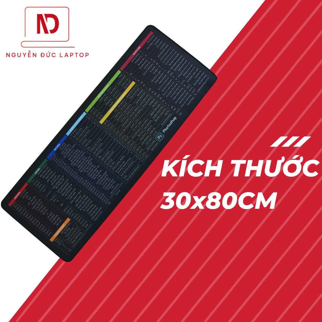 Lót di chuột Phím Tắt Văn Phòng Excel, Word, Photoshop tiện dụng, đa năng - Lót chuột cỡ lớn size 30x80cm và 25x30cm