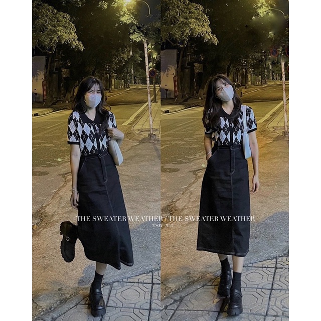 Áo len cộc tay cổ polo kẻ trám, dáng ngắn ( Ảnh thật )