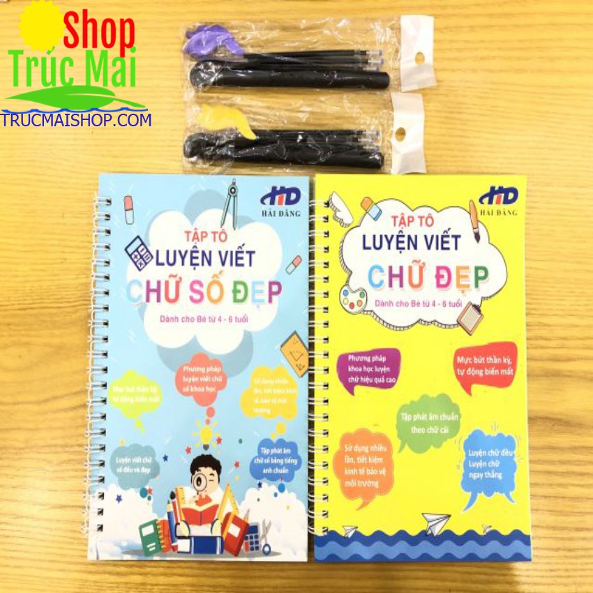 bộ tô màu tự xóa thần kỳ ( 2 quyển chữ và số ,2 bút ,6 ngòi ,2 lót tay hình cá)