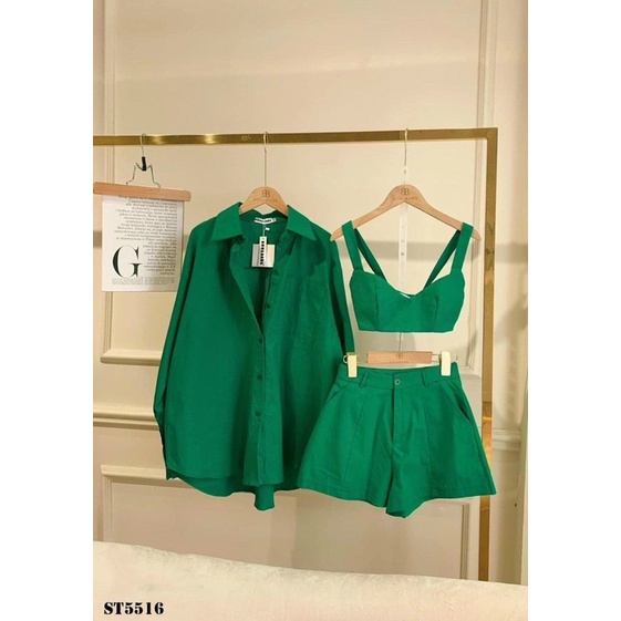Có mút ngực Set 3 món cực cá tính áo sơ mi phối áo dây croptop kèm quần short