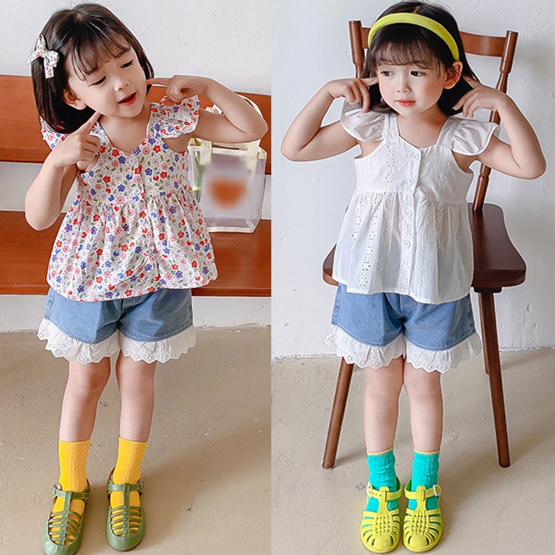 Bộ Áo Sơ Mi Không Tay Kèm Chân Váy In Hoa Nhỏ Phong Cách Hàn Quốc Thời Trang Mùa Hè Dành Cho Bé Gái