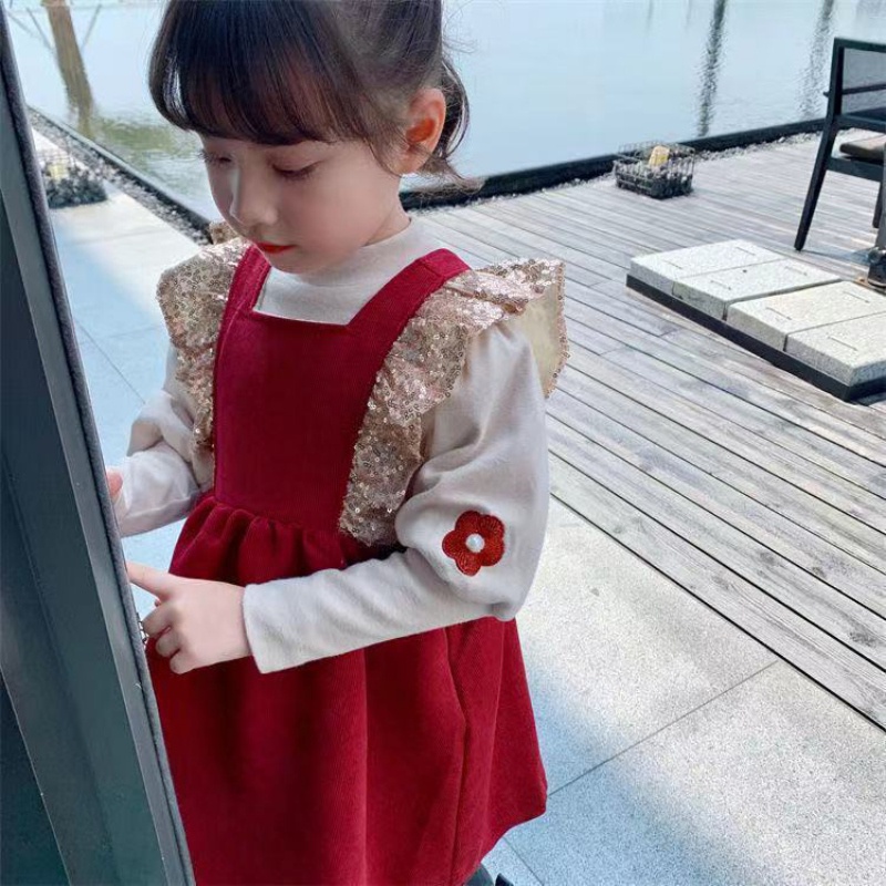 Set 2 món đầm tay phồng đính nơ + áo sơ mi cho bé gái