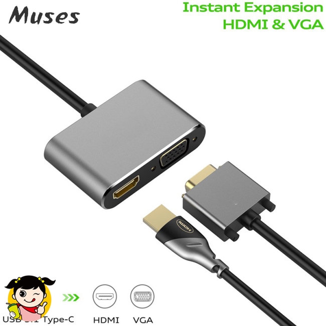 Bộ chuyển đổi USB 3.1 Type-C sang HDMI VGA 2 trong 1 VGA HDMI 4K UHD điều hợp hiển thị màn hình kép