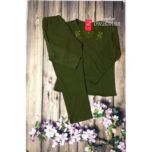 Bộ Cotton Thu Đông dài tay mặc nhà-Bộ Trung Niên Mặc Nhà Cho mẹ cho bà hình thêu hoa hai bên