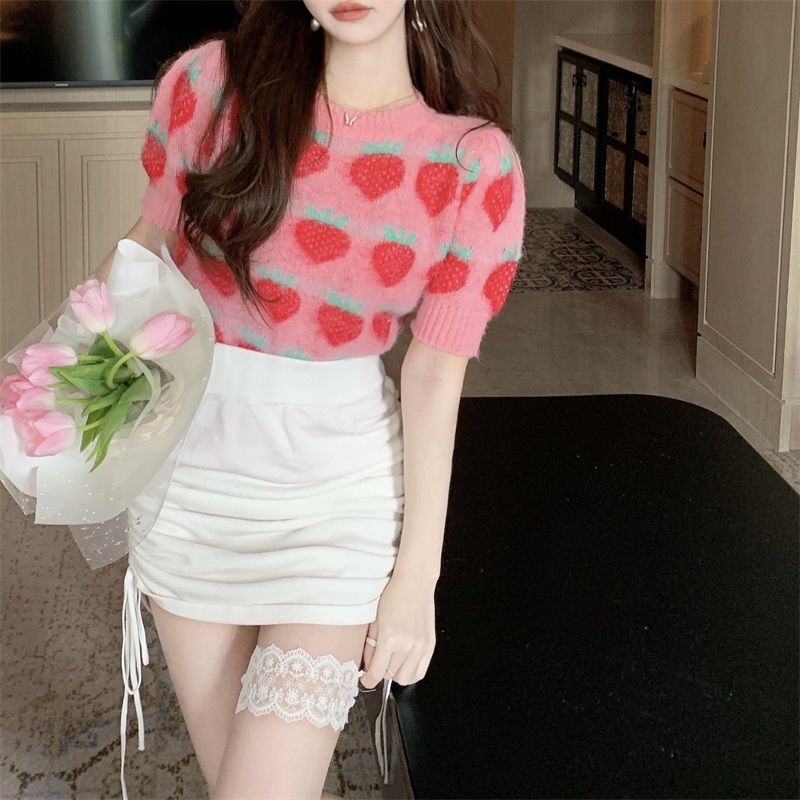 Áo sweater Dệt Kim In Hình Dâu Tây Xinh Xắn Cho Nữ