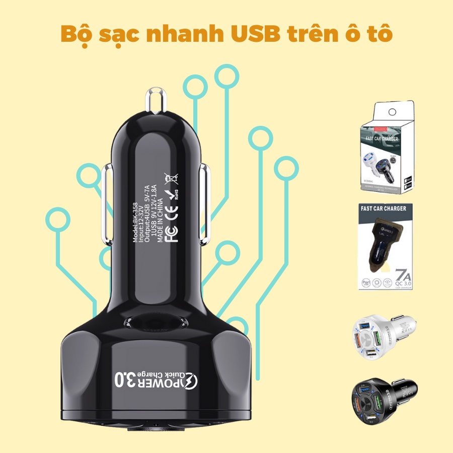 BỘ SẠC NHANH 4 CỔNG USB QC 3.0, 2.1A CHO XE HƠI